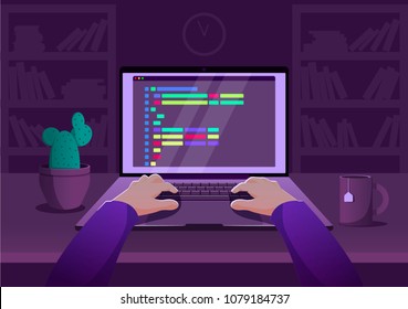 Man programmer working on computer with code on screen illustration. Programmer working writing code. Man working with pc and testing ui and ux. Guy working with computer and laptop at home