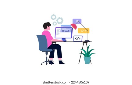 Man programmer is working on his laptop. Coding and programming.