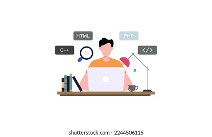 Man programmer is working on his laptop. Coding and programming.
