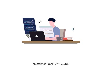Man programmer is working on his laptop. Coding and programming.