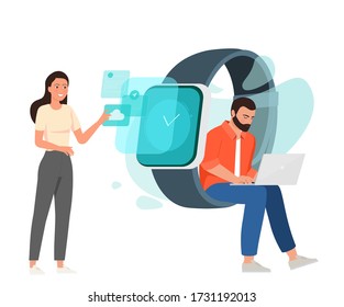 A man is programming at a laptop while sitting on a watch strap, a girl is using a gadget screen.