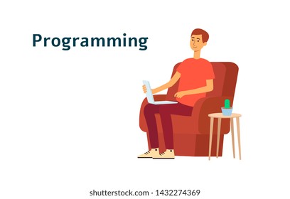 Man is programming on laptop and sitting in chair cartoon style, vector illustration isolated on white background. Freelance programmer works on computer in home armchair