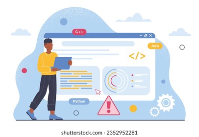 Man programming software concept. Programmer and IT specialist writes code for website page. Developer of programs and mobile applications. Update of OS. Cartoon flat vector illustration