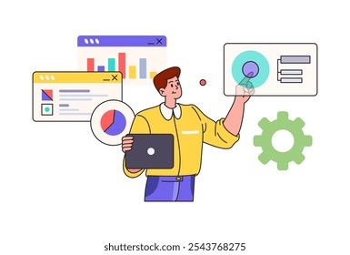 Man programming software concept. Vector cartoon male and charts, settings sign. Programmer and IT specialist writes code for website page. Developer of programs and mobile applications, flat vector