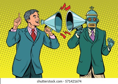 Man programs the computer. Vintage pop art retro illustration. The businessman says to the robot