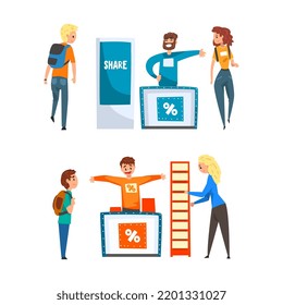 Man Promoter Advertising Products or Services to Passerby at Trade Show Vector Set