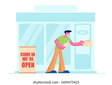 Man Promoter, Owner or Giving Invitation Flyers at Store Entrance for Shop Open Event, Salesman Inviting People to Visit Boutique, or New Restaurant, Consumerism. Cartoon Flat Vector Illustration