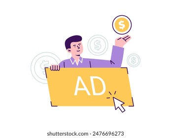 A man promotes advertising. Pay-per-click marketing, digital strategy, internet marketing tools, and promotion. Trendy vector flat illustration isolated on a white background.