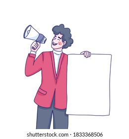 Man is promoting character design of vector. Cartoon illustration style.