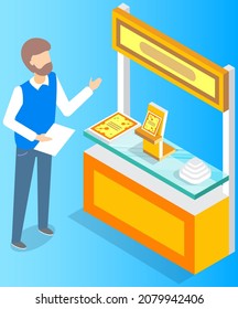 Hombre promocionando cerca de stand con catálogos de productos de presentación. Leafleting, campaña publicitaria, trabajo en empresa de marketing, concepto de promoción. El promotor masculino es una ilustración vectorial de libros de esquisto