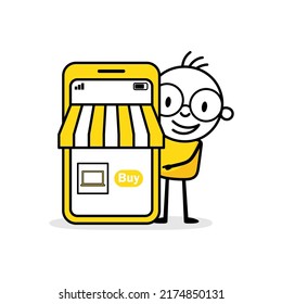 Mann, der den Online-Shop hinter einem großen Handy fördert. Digitales Geschäfts- und Marketingkonzept. Vektorgrafik.