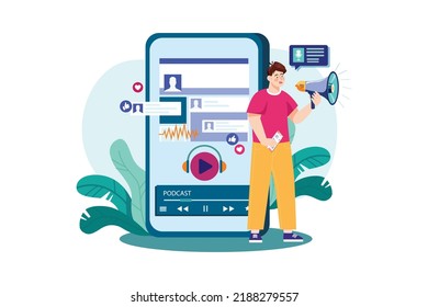Man promoting podcast through the social media platform Illustration concept. Flat illustration isolated on white background