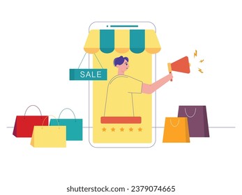 Man promotion in online using loudspeaker on smartphone, shopping in e-commerce digital technology. Character design. Vector flat illustration
