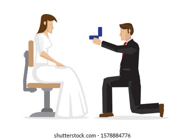 Man propose to his girlfriend with engagement ring. Concept of love and marriage. Vector cartoon illustration