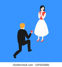 Man Propose To Woman Kneeling With Marriage Ring Box. Groom And Bride, Wedding Proposal. Isometric Engaged Couple. Boy Asks 