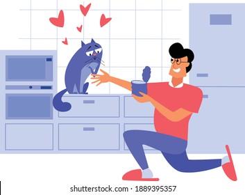 Man proposes to a cat with a can of wet food on Valentine's Day