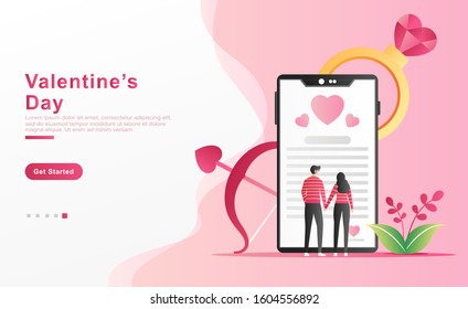 a man proposes his lover by reading a love letter through a smartphone while holding hands, ring diamonds shape of hearts, plants. for banner, ui, ux. flat vector cartoon illustration valentine.  