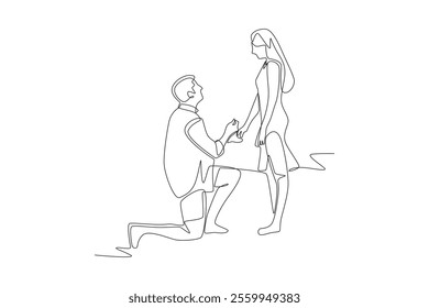 Man proposes to partner on vacation. Romantic trips concept one-line drawing