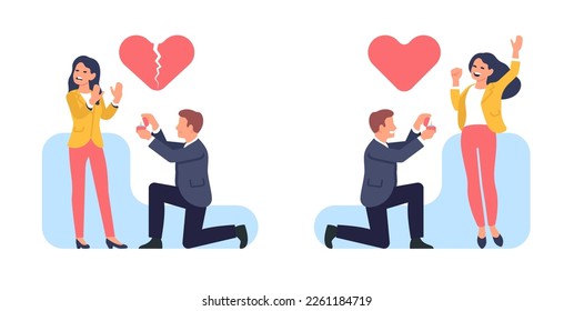 Man proposes to woman. Girlfriend agrees or rejects engagement. Boyfriend gifting proposal ring. Wedding jewelry. Broken heart. Romantic relationship. Cute couple datings