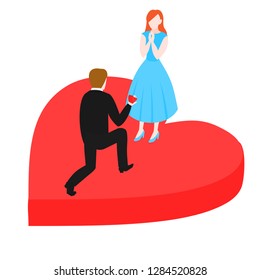 Man Proposes To Woman Kneeling With Marriage Ring Box. Groom And Bride, Wedding Proposal. Isometric Engaged Couple Vector Illustration