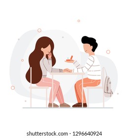 Man proposes a woman to marry. The guy makes a proposal to his girlfriend in cafe. Cartoon vector illustration