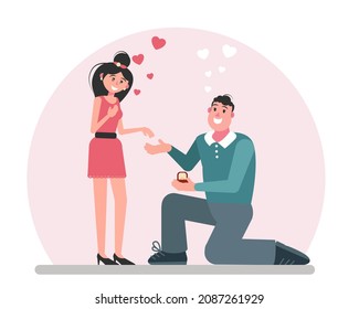 The man proposes to the woman to marry him and gives a wedding ring. An offer of marriage. Vector illustration in flat style.