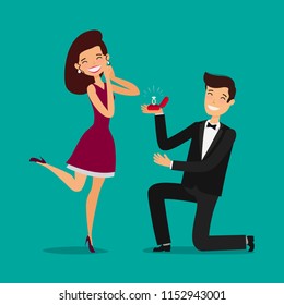 Man proposes a woman to marry. Wedding, marriage concept. Cartoon vector illustration