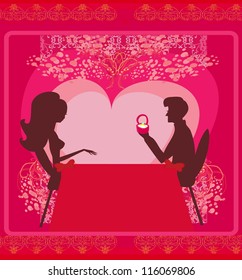  man proposing with an engagement ring to his love in a restaurant - vector