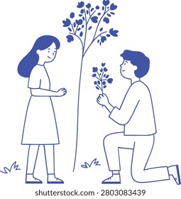 Man proposing flowers nature scene doodle illustration