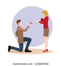 A man proposing to the girl standing on knee. The girl is surprised by the guy's proposal to get married.