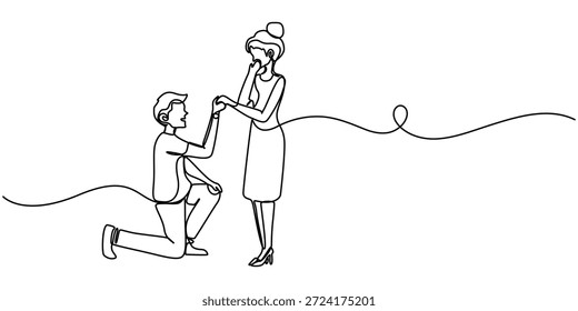 homem propondo a sua namorada contínuo um desenho de linha, um desenho de linha do homem propondo mulher bonita com um anel, ilustração de contorno. 