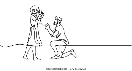 homem propondo a sua namorada contínuo um desenho de linha, um desenho de linha do homem propondo mulher bonita com um anel, ilustração de contorno. 