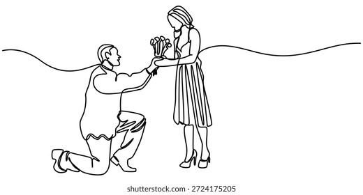 homem propondo a sua namorada contínuo um desenho de linha, um desenho de linha do homem propondo mulher bonita com um anel, ilustração de contorno. 