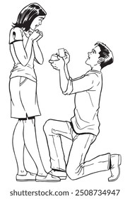 A man proposing his girlfriend. Illustration in black and white and vector format.