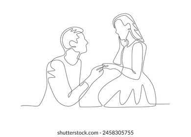 A man proposing to his partner. Dia dos namorados concept one-line drawing