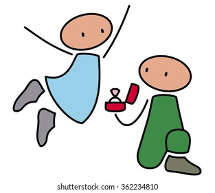 man proposing marriage with diamond ring, woman jumping for joy
