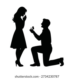 Man proposing marriage with ring box to woman silhouette proposal engagement