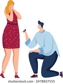 Man proposing marriage surprised woman, engagement ring, couple moment. Woman emotional reaction proposal, man kneeling, presenting ring, love. Illustration, proposal acceptance