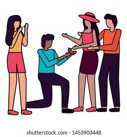 man proposing marriage to woman romantic love flat design vector illustration