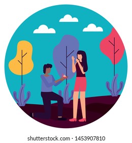 man proposing marriage to woman romantic love flat design vector illustration
