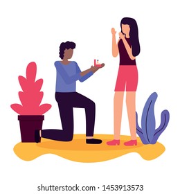 man proposing marriage to woman romantic love flat design vector illustration