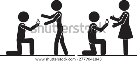 Man proposing on knee with ring, woman accepting, couple, love, engagement.