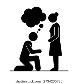 Man proposing on one knee to woman with thought bubble proposal marriage