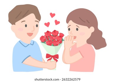 A man proposing with a red rose.