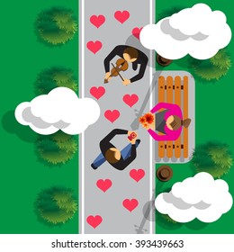 Man proposing to woman down on one knee. View from above. Vector illustration. Applique with realistic shadows.