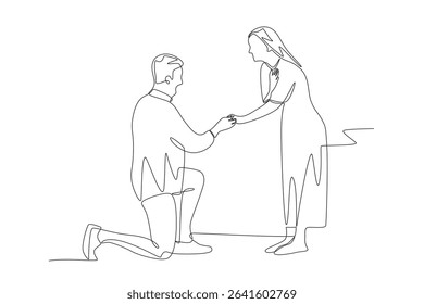 A man proposing to a woman. Engagement concept one-line drawing
