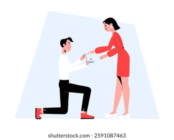 Man Proposing To Woman With Engagement Ring In Flat Vector Illustration Symbolizing Love, Commitment, And Romantic Gestures, Isolated On White Background