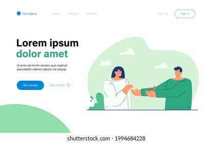 Man proposing to woman. Flat vector illustration. Male character putting wedding ring on happy female person, asking about marriage. Family, proposal, marriage, wedding, tradition concept for design