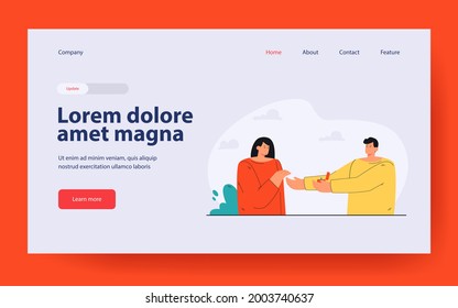 Man proposing to woman. Flat vector illustration. Male character putting wedding ring on happy female person, asking about marriage. Family, proposal, marriage, wedding, tradition concept for design