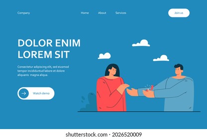 Man proposing to woman. Flat vector illustration. Male character putting wedding ring on happy female person, asking about marriage. Family, proposal, marriage, wedding, tradition concept for design